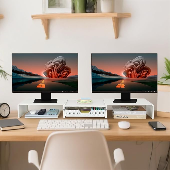 Dual Monitor Stand Riser with Drawer, Desk Organizer and Accessories, Metal Laptop Stand for Desk, Workspace Desktop Stand for Computer, Laptop, TV and More (White)