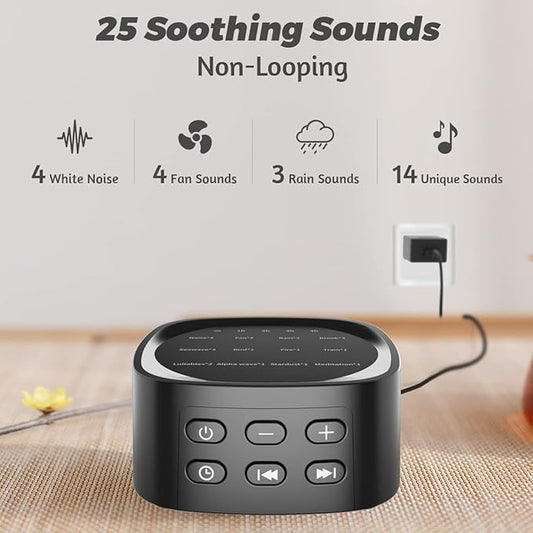 Sleepbox Sleep White Noise Sound Machines with 25 Soothing Sounds 36 Volume Levels 5 Timers Visible Sound Catalog Portable Size Memory Function for Home Office and Travel