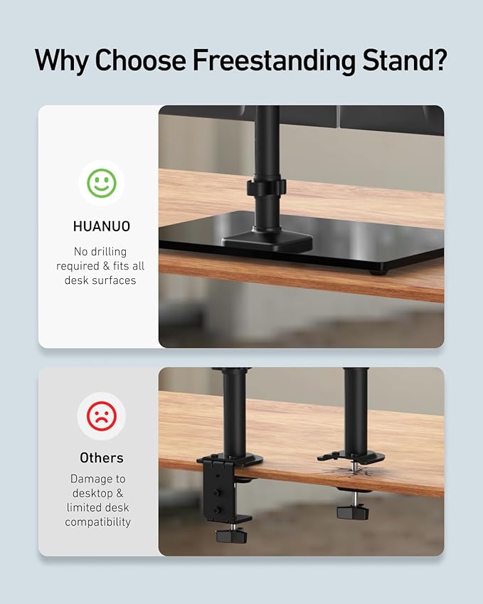 HUANUO Freestanding Dual Monitor Stand, 32 Inch Dual Monitor Mount for 2 Screens, Holds up to 19.8 lbs per Arm, Monitor Arm Riser with Tempered-Glass Base, Tilt, Swivel, Rotation, Black