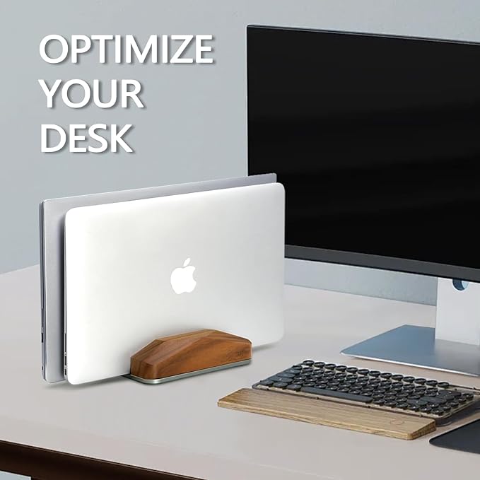 GEVO Dual Laptop Holder Vertical Laptop Stand, Natural Wood, Adjustable Dock, Wooden Laptop Stand, Vertical Laptop Holder for Desk, Widen Dock Fits All MacBook/Surface Pro 2 Devices (Black Walnut)