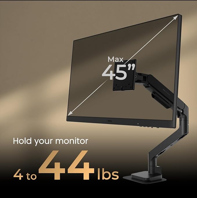 BenQ BSH01 Ergo Monitor Arm -Gas Spring Monitor Stand for Up to 45'' & 44lbs Screens, Heavy Duty, Quick Installation, No Sagging, Top Clamp and Grommet Base, Reinforcement Plate, VESA 75x75 &100x100mm
