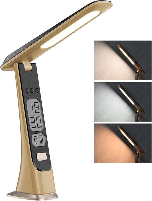Rechargeable Cordless LED Desk lamp, dimmable Table lamp with Battery,Digital Clock,LCD,Date,Stepless Brightness Foldable Portable Lights for Home,Reading,Office (Brown)