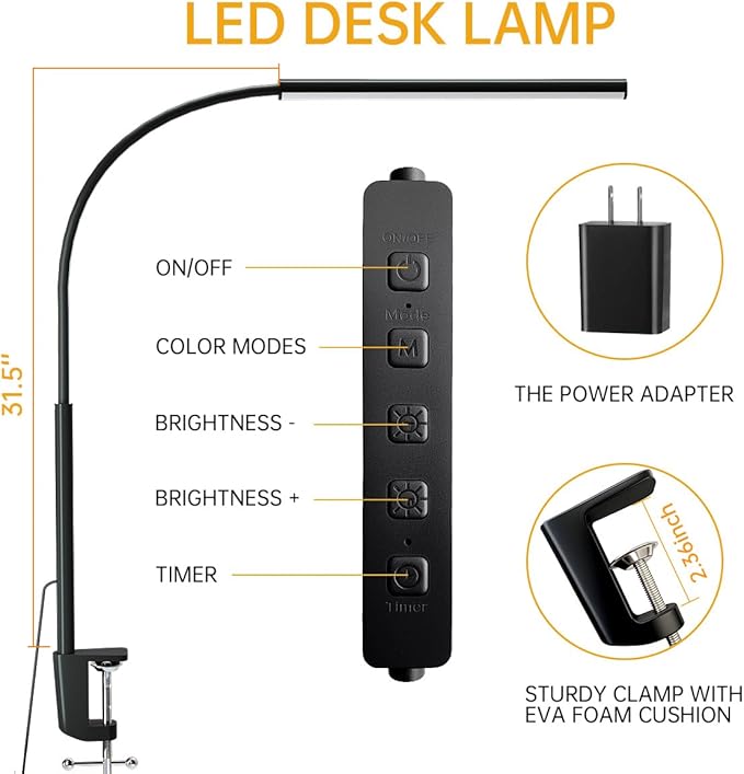 LED Desk Lamp with Clamp, Eye-Protection Clip on Desk Lamp, 5 Modes 10 Brightness Adjustment, 360°Flexible Gooseneck Lamp for Home Office, Lamps with USB Adapter,Black