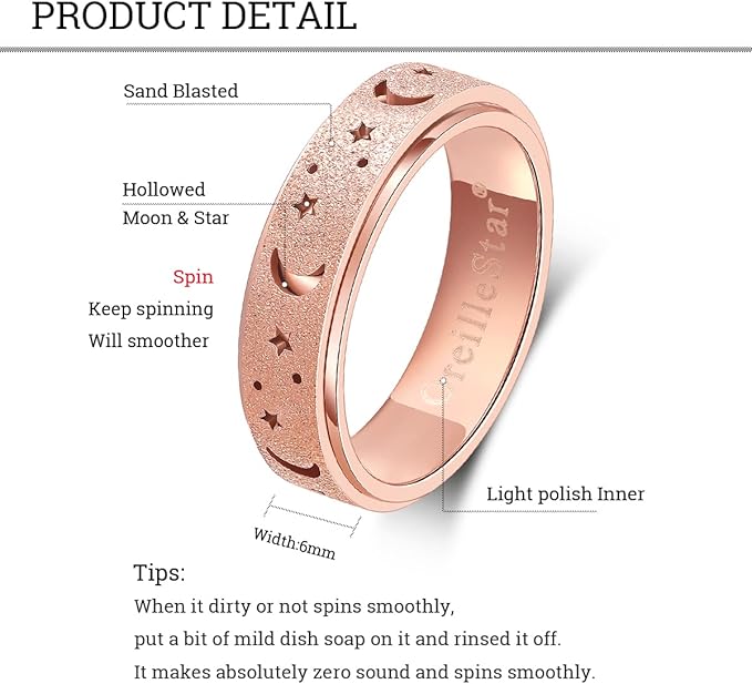 OreilleStar Anxiety Ring for Women Spinner Ring Fidget Toys Adults Fidget Ring Spinner Rings for Women Stainless Steel Anxiety Moon Star Rose Gold