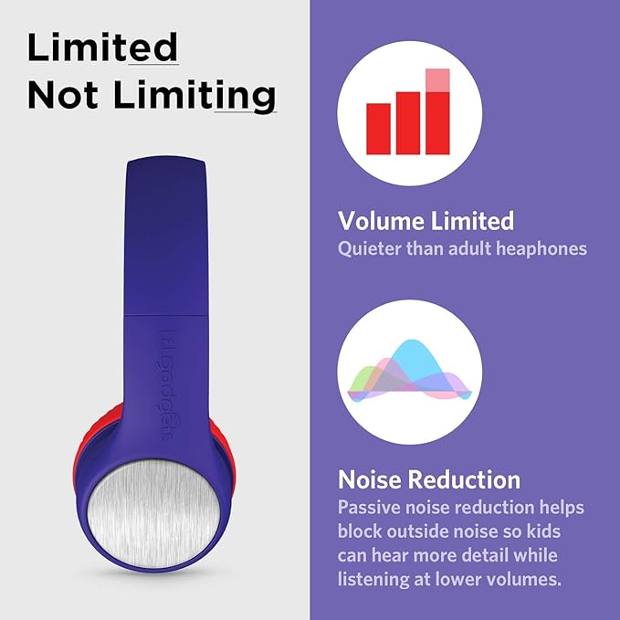 LilGadgets Connect+ Style On-Ear Kids Headphones with Microphone - SharePort Technology, SoftTouch Padding, Detachable Cable, Noise Reduction, Durable & Adjustable - Blue/Red Headphones for Kids