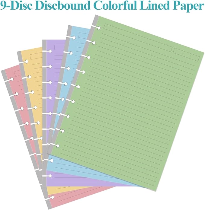 9-Disc Discbound 5 Colorful Line Paper Pre-punched Happy Planners Inserts, 100Sheets/200Pages Classic Size Line Loose-Leaf Paper, Per Color 20 Sheets, 7" x 9.25"