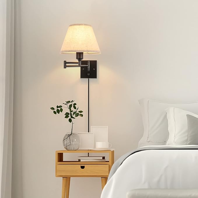 TRLIFE Wall Sconce Plug in, Dimmable Wall Sconces Set of Two Swing Arm Wall Lights with Plug in Cord and On/Off Dimmer Rotary Switch, 9.4" Medium Beige Fabric Shade(2 Pack, 2 Bulbs)
