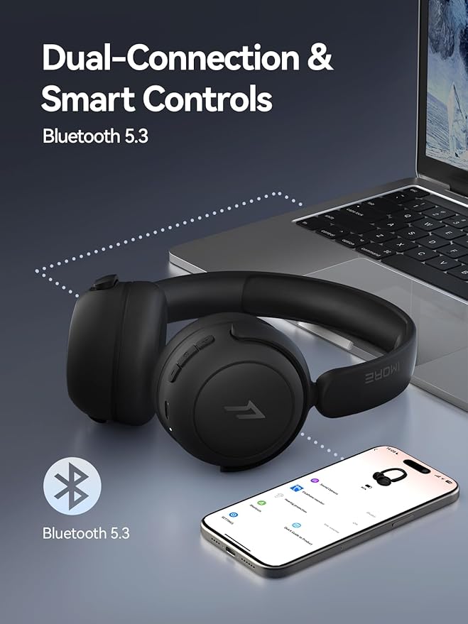 1MORE HQ20 Wireless On-Ear Headphones with Microphone, 85dB Safe Volume, 65H Playtime, Lightweight Foldable Bluetooth Headphones for School/Travel, Android and iOS Compatible, Black