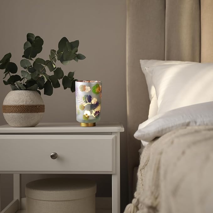 Eywamage 7" Tall Battery Operated Table Lamp, Floral Glass Lamp with Remote Timer, Cordless Accent Lamp Lights for Bedroom Living Room Kitchen