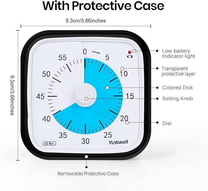 Yunbaoit Upgraded Black Visual Timer with Protective Case, Silent 60 Minute Countdown Timer for Kids and Adults with Low Power Reminder VT01(Black Blue)