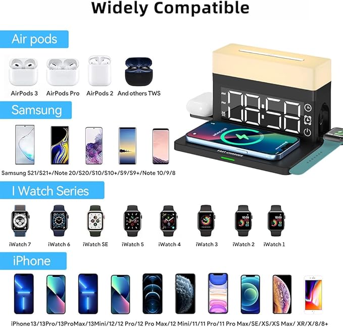 IHAO 6in1 Smart Alarm Clock with Wireless Charger RGB Mood Light 15W Fast Wireless Charging for All Qi Phone TWS Headphone Compliant with i-Watch 7 Color Night Light Large Digital Display-White