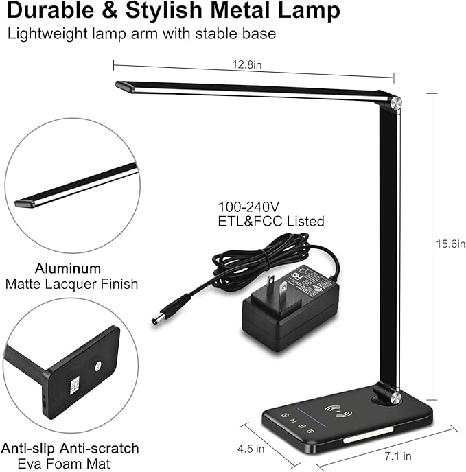 AFROG 8-in-1 4th Gen Multifunctional LED Desk Lamp with 10W Fast Wireless Charger,USB Charging Port,1200Lux Super Bright,5 Lighting Mode,7 Brightness,40 Min Timer,Night Light Function,5000K