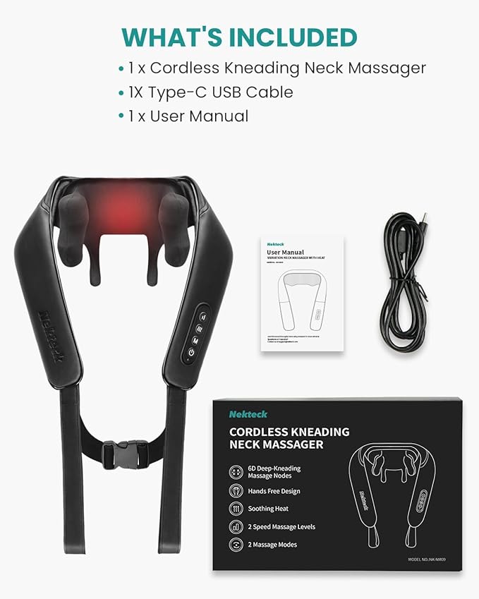 Nekteck Neck Massager, Cordless 6D Shiatsu Neck and Back Massager, Neck Massager for Pain Relief Deep Tissue, Ideal Gift for Men and Women, Ideal for Home, Office and Car, with Heat, Black