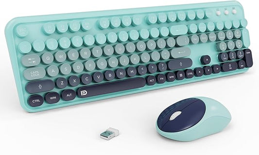 Wireless Keyboards Mouse Combos, Colorful Cute Typewriter Full-Size Retro Round Keycaps, 2.4GHz Cordless Connection Sleep Mode Office Wireless Keyboard and Mouse Set for Desktop Laptop PC Computer