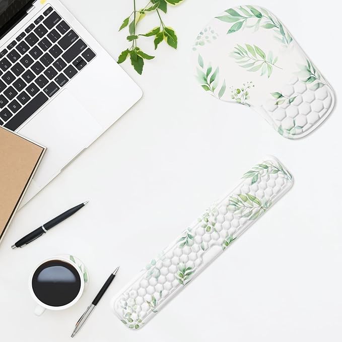 3 in 1 Ergonomic Mouse Pad and Keyboard Wrist Rest, Cute Mouse Pad with Wrist Support Massage Design, Non-Slip Wrist Pad for Mouse, Desk Mouse Set (Green Plant)