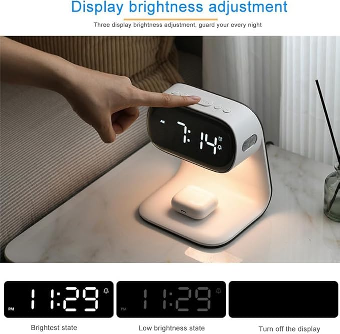 IHAO 3in1 Multi-Functional Wireless Charging Alarm Clock Smart Night Light Qi Charger LED Digital Clock Adjustable Light 15W Fast Wireless Charging for All Qi Phone and TWS Headphone