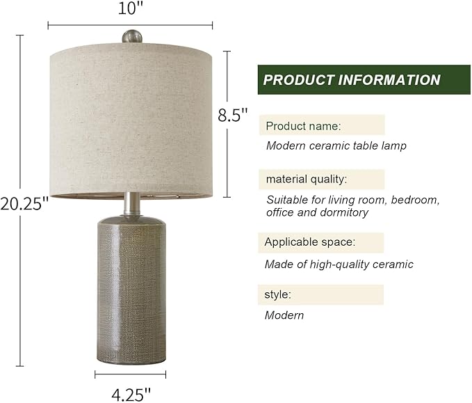 20.25/inch Modern Ceramic Table lamp Set of 2 Small Farmhouse Bedside lamp Dark Grey Nightstand Lamp End Table Lamps for Living Room Bedroom Study Office AMZ-T1109DG0