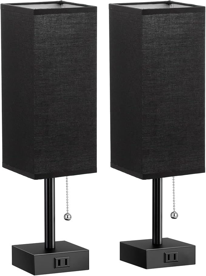 Black Table Lamps for Bedroom Set of 2 - Nightstand Lamp with AC Outlet Charging Port, 3 Color Temperatures Desk Light with Bulb, Small Tabletop Reading Lamp for Living Room/Dorm/Office
