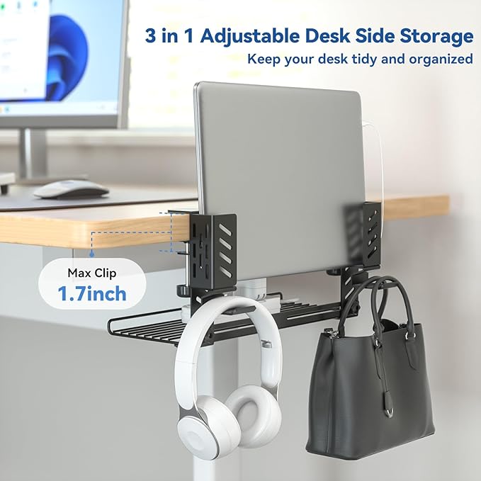 KDD 3-in-1 Laptop Stand Holder Storage, Adjustable Under Desk Cable Management Tray with Headphone Hanger and Cable Ties, No Drill Clamp on Desk Side Organizers Suitable for Laptop/Tablet/Headphone