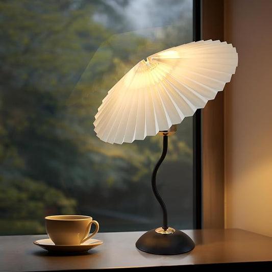 Arts Bedside Table Lamp for Bedroom, Cute Small Pleated Lamps for Nightstand, Vintage Lamp with Umbrella Shade, Decor Desk Reading Lamps for Living Room Kids Room Dorm Office with E26 LED Bulb