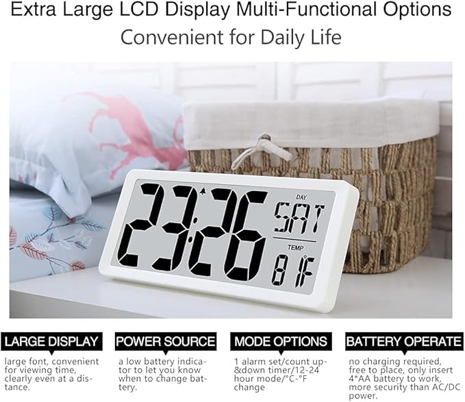 TXL 14.2" Large Digital Day Wall Clock, Custom 8 Languages Calendar, Count up-Down Timer and Temp Reminder, 12/24Hr Desktop Alarm Clock with Extra Large Display for Home Office Studio Hotel, White