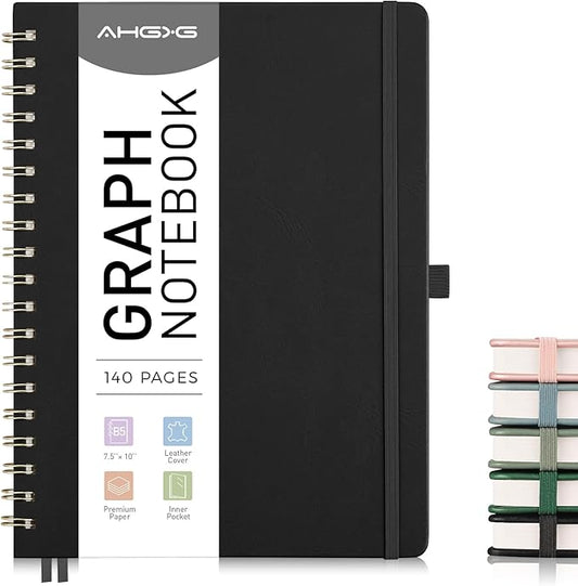 AHGXG Graph Paper Notebook - Spiral Notebook Hardcover Leather Journal 140 Pages, B5 Large Grid Notebook 7.6" x 10", 100 gsm Thick Paper, for School Writing Graphing Engineering Math, Black