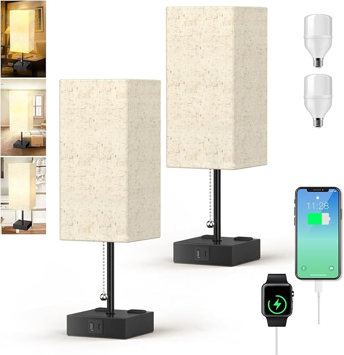 Table Lamp for Bedroom with USB,Bedside Lamp with USB C+A Charging Ports,Adjustable 3color LED Light for Home Decor/Nightstand/Office,Included Bulb and Fabric Lamp Shade (Linen White, 2PCS)