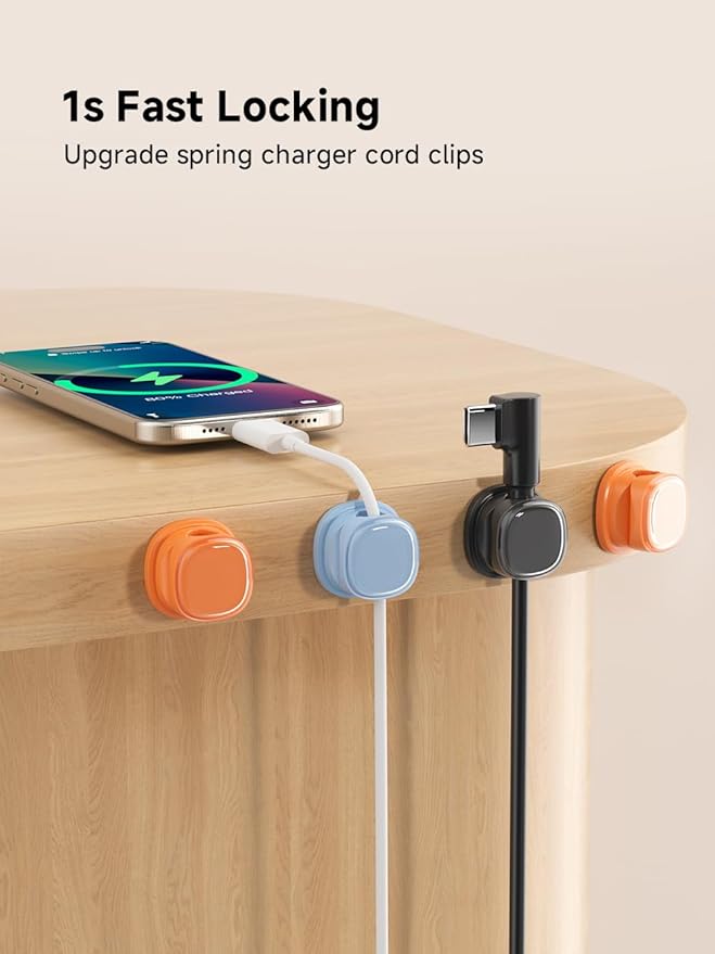 9 Pack Cord Organizer, Spring Cable Management, Adhesive Cute Cable Holder Clips, Phone Charger Wire Keeper for Desk Nightstand Car Office (9-Pack Black_Orange_Blue)