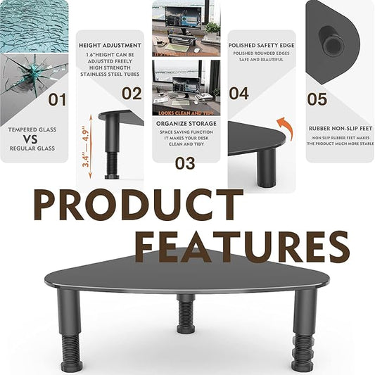 Hemudu Tempered Glass Computer Monitor Riser/Triangle Save Space Desktop Corner Stand for Computer Monitor & Laptop Black HD01B-003