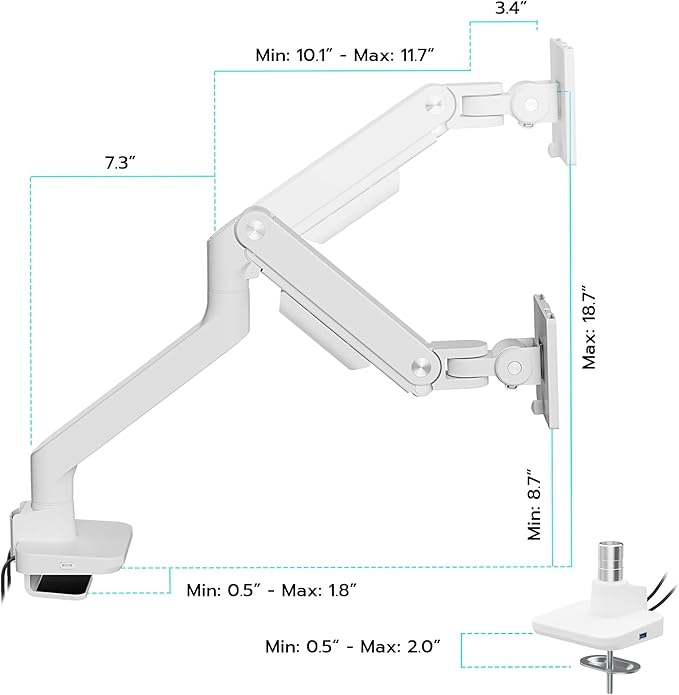 ARES WING Single Ultrawide Monitor Mount with USB A/C, Heavy Duty Monitor Arm for 17 to 49 inch Screen, Holds 44 lbs, Adjustable Gas Spring Arm Desk Mount with Clamp and Grommet Base, White