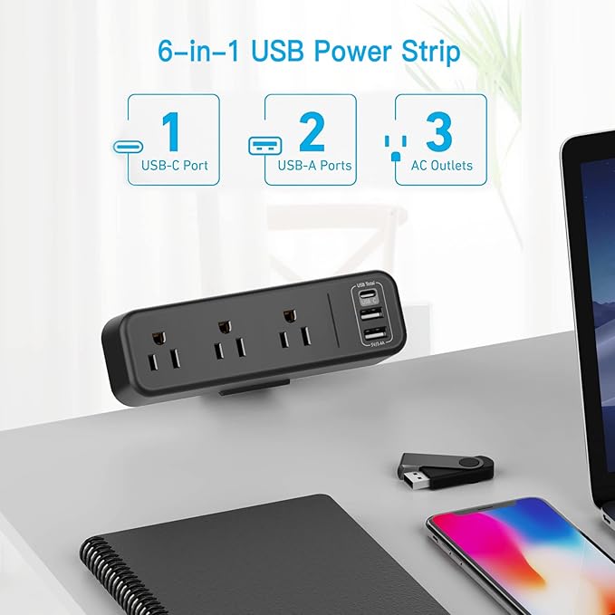 3 Outlet Desk Clamp Power Strip with USB C, Black Flat Plug Desktop Edge Clamp Power Socket Connect 6.5 ft Thin Extension Cord for 1.6 inch Tables