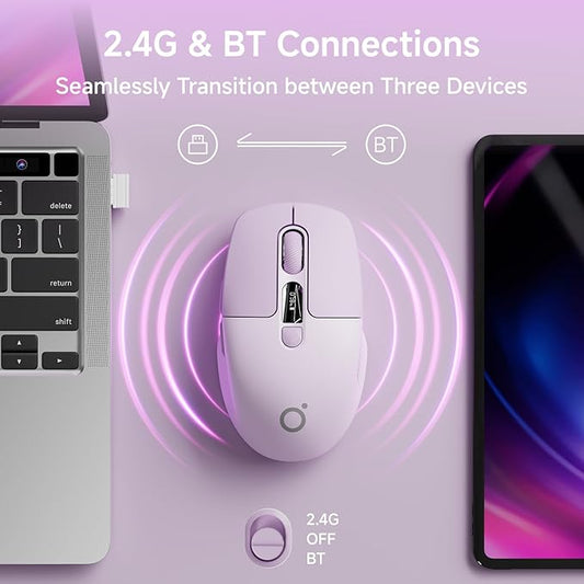 EWEADN Q1 Wireless Mouse, Bluetooth & 2.4G Silent Mouse Quiet Click with 3 DPI Levels, Battery & DPI Smart Display, 6 Button Small Portable Cordless Mice for Laptop/PC/Mac-Purple