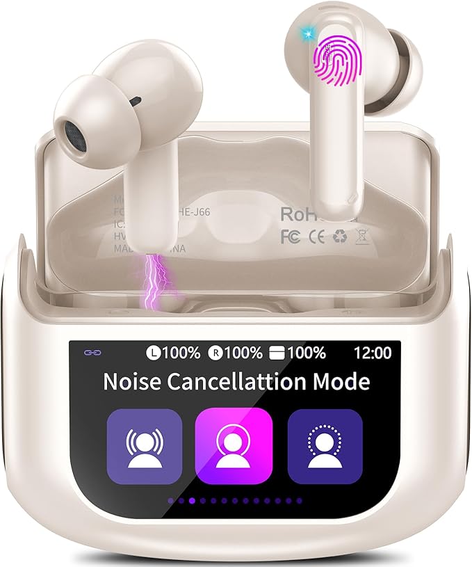 Wireless Earbuds, Bluetooth 5.4 Headphones Multi-Function Touch Screen with 5 EQ Modes, 48H Ear Buds Bass Stereo with ANC Noise Cancelling/Transparency Mode, IPX7 Bluetooth Earbuds, Off White