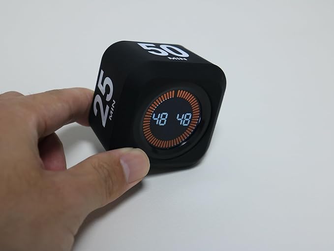 Rotating Cube Visual Timer 5, 25, 10, 50 Min Preset + Custom Countdown, Rechargeable Desk Productivity Flip Timer w/Silicone Case, Silent Mode, Ideal for ADHD Tool Study Work School (Black)