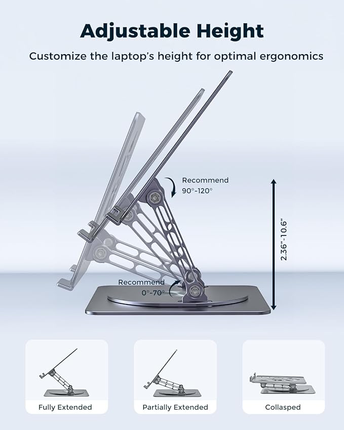 Adjustable Laptop Stand for Desk - Portable Laptop Riser with Rotating Base, Foldable Aluminum Computer Stand, Ergonomic Laptop Holder for MacBook Pro/Air Dell HP Lenovo Notebook up to 15.6", Gray