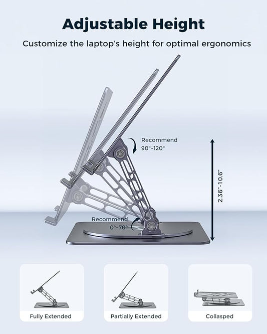 Adjustable Laptop Stand for Desk - Portable Laptop Riser with Rotating Base, Foldable Aluminum Computer Stand, Ergonomic Laptop Holder for MacBook Pro/Air Dell HP Lenovo Notebook up to 15.6", Gray