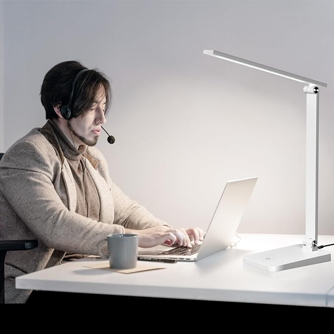LED Desk Lamp for Home Office, 3 Levels Dimmable Desk Light with USB Charging Port, Small Study Lamp, Reading Light for Table, White, 5000K