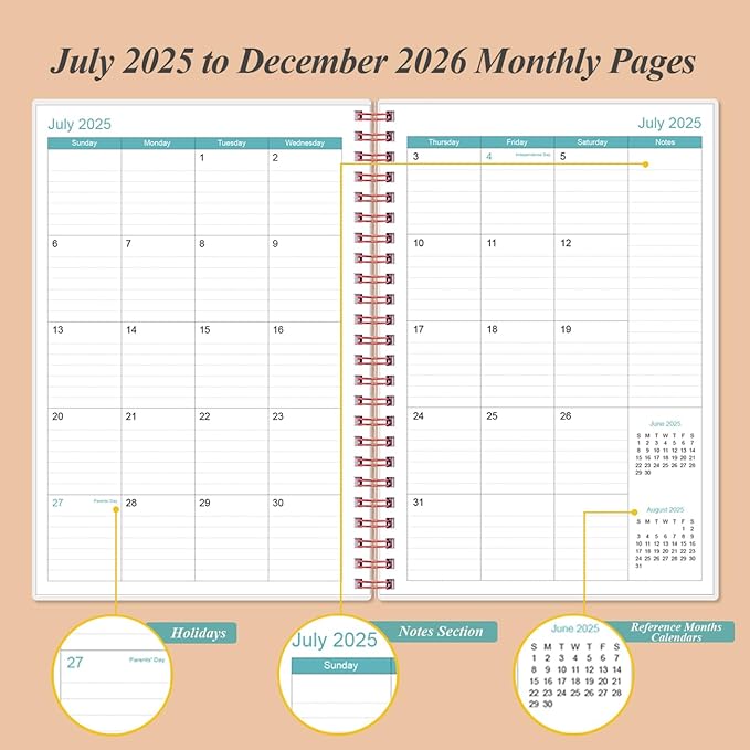 2025-2026 Planner - 18 Months Weekly & Monthly Planner from July 2025 - December 2026, Spiral Planner 2025-2026 with Elastic Closure, Inner Pocket, Medium 5.8" x 8.3", Rose Leaf