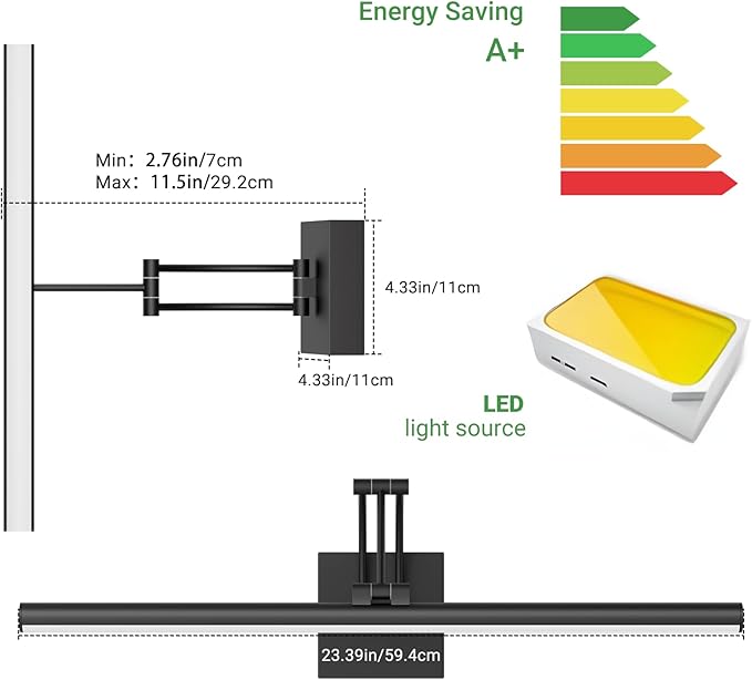 Tipace Hard-Wired LED Picture Light Fixtures,23.6IN 3CCT Dimmable Metal Artwork Display Lamp with Remote Control,Black Modern Picture Frame Lights for Paintings