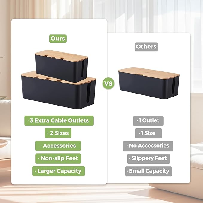 Cord Organizer Box Black 2 Pack, Wooden Cable Management Box with Cable Clip Holders and Reusable Cable Ties, Cord Management Box Cable Organizer Box with Bamboo Lid for Power Strip Extension Cord
