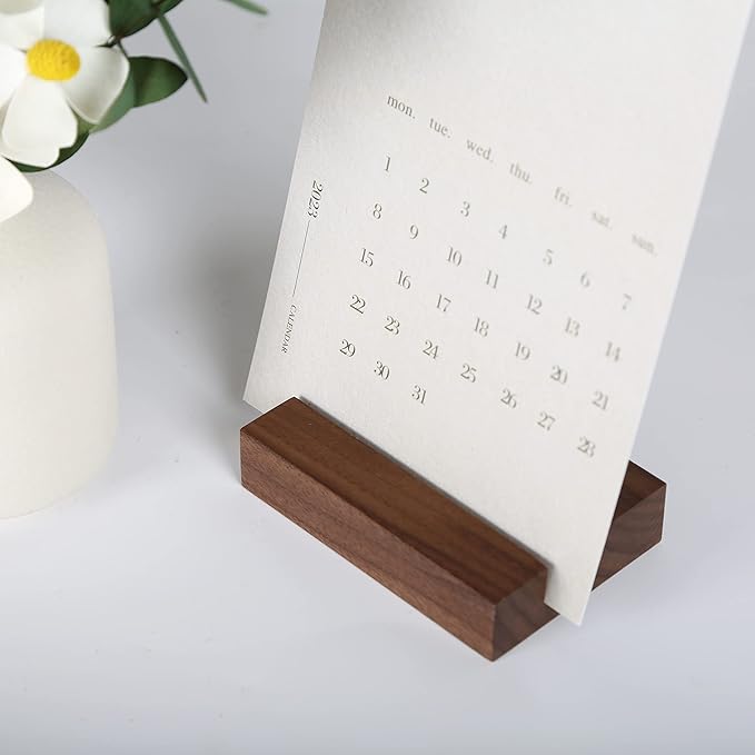 UNIQOOO 3.5" Walnut Wood Stand for Monthly Desk Calendar, Wooden Block Base, Cardstock Holder, For Office Home Retail Reception Decor, Photo Display, 2 Pack