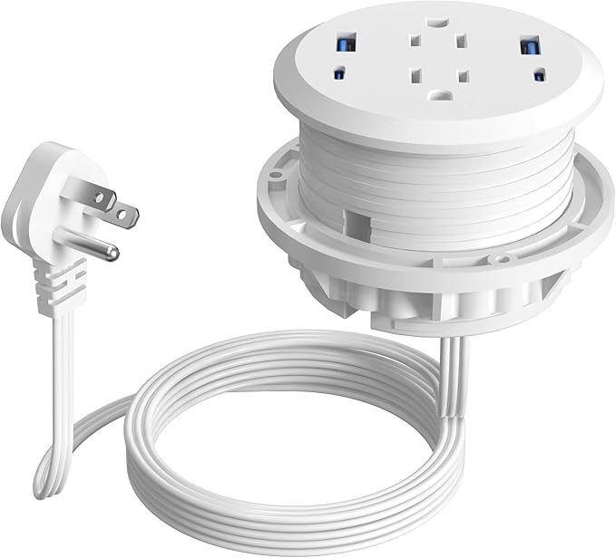 3 inch Desktop Power Grommet with PD 20W USB C,Furniture Recessed Power Strip,2 Outlets,4 USB Ports,40W Total,Flush-Mount for Desktop, Workspace Essential Desk Outlet (White, 3 FT Cable)