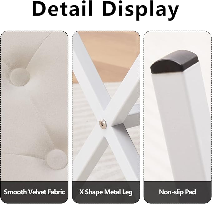 Wimarsbon Ottoman Foot Stool Tufted Vanity Stool Thickened Cushion Footstool Mulifunctional Shoe Changing Seat Step Stools with Metal X Leg for Living Room Bedroom Velvet Cream