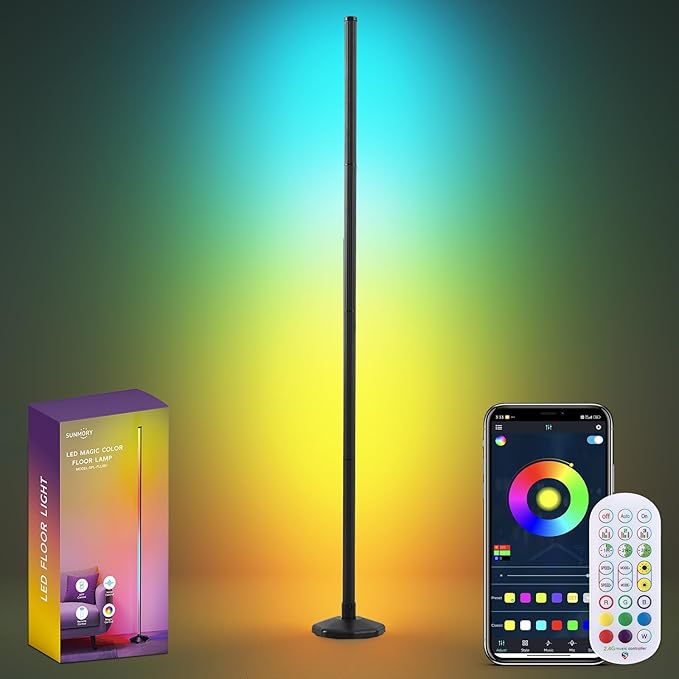 SUNMORY RGB LED Floor Lamp, 57" Corner Lamp with 80+ Scene & Timer, Smart Modern Ambient Lighting with Music Sync & 16 Million Colors, Remote & App Floor Lamps for Living Room, Gaming Room, Bedrooms