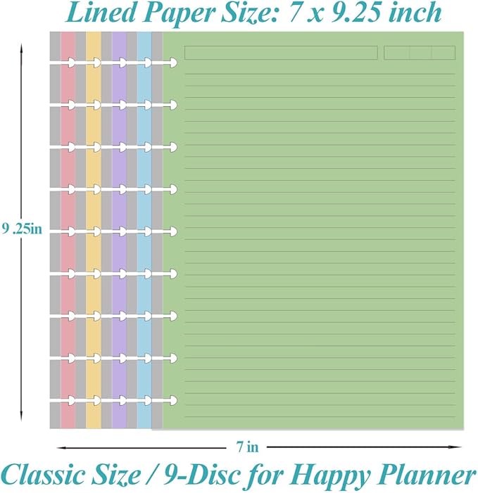 (2-Pack) 9-Disc Discbound 5 Colorful Line Paper Pre-punched Happy Planners Inserts, 200Sheets/400Pages Classic Size Line Loose-Leaf Paper, Per Color 40 Sheets, 7" x 9.25"
