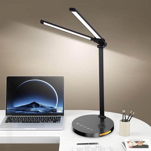 Semlos Led Desk Lamp with Adjustable Brightness and 5 Color Temperature, Dimmable Desk Light, Type-C Interface, Timer, 12W Table Lamp for Home and Office, Black, Adapter Included