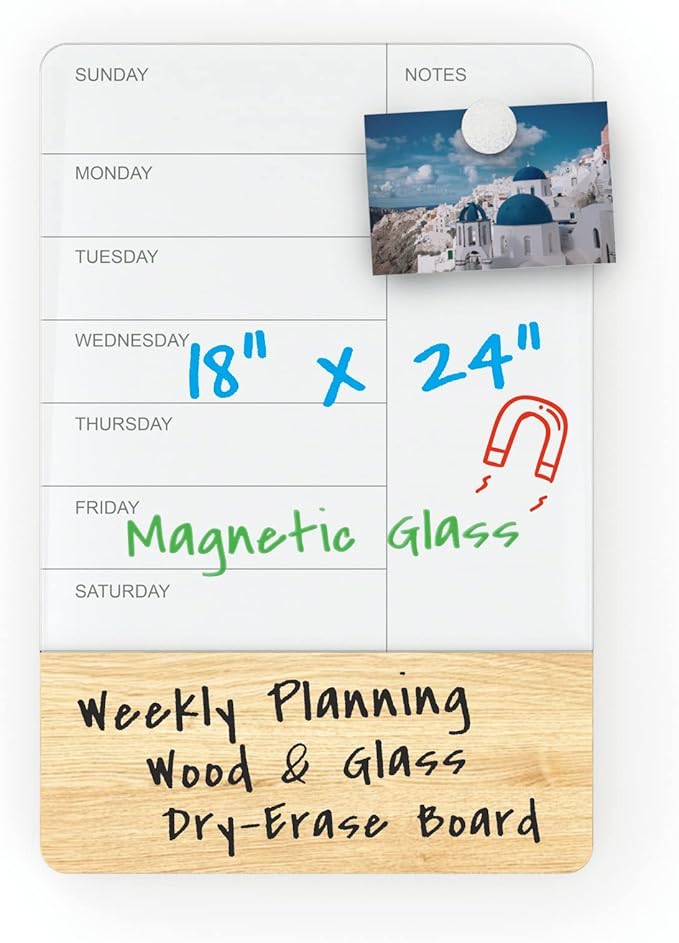 Audio-Visual Direct Wall Mounted Weekly Planner Glass & Wood Dry-Erase Board