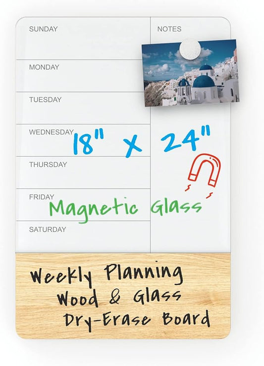 Audio-Visual Direct Wall Mounted Weekly Planner Glass & Wood Dry-Erase Board