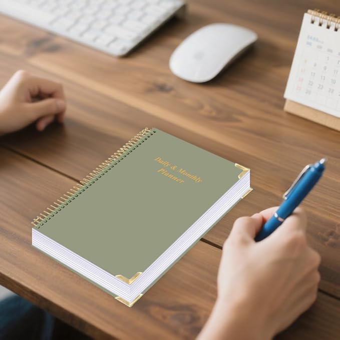 Undated Daily Monthly Planner for 2025 2026 - A5 To Do List with Hourly Schedule, Hardcover Spiral Bound Daily Planner to Increase Focus, Stylish School/Office Supplies, 5.8" x 8.5", Green