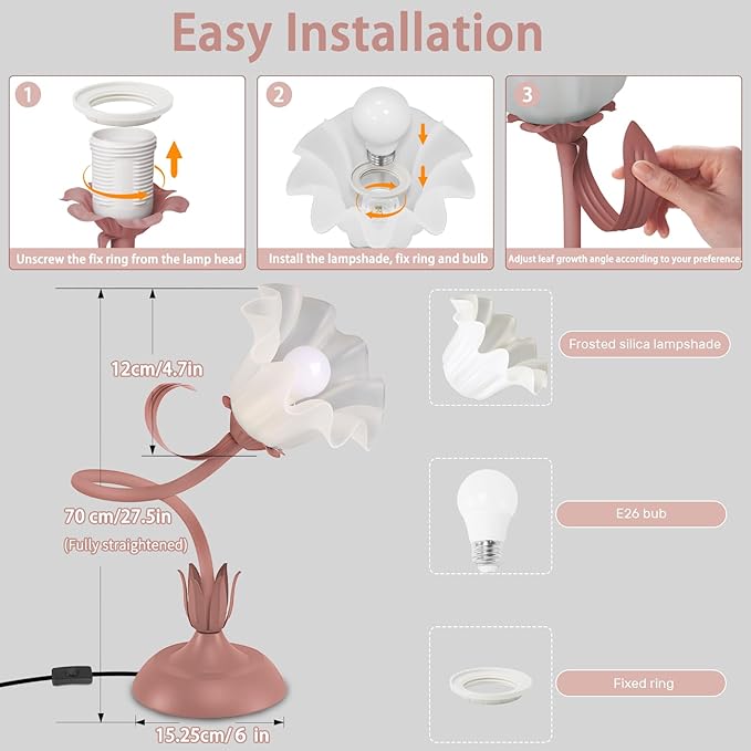 Women Bedside Table Lamps for Bedroom, Cute Flower Desk Lamp with Adjustable Flexible Gooseneck, 3 Color Temperatures Nightstand Lamp with E26 LED Bulbs, Floral Lamp for Living Room, Office,Reading